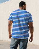 Men's Plus Size Blue And White Striped Cotton-blend V-neck Short Sleeve T-shirt